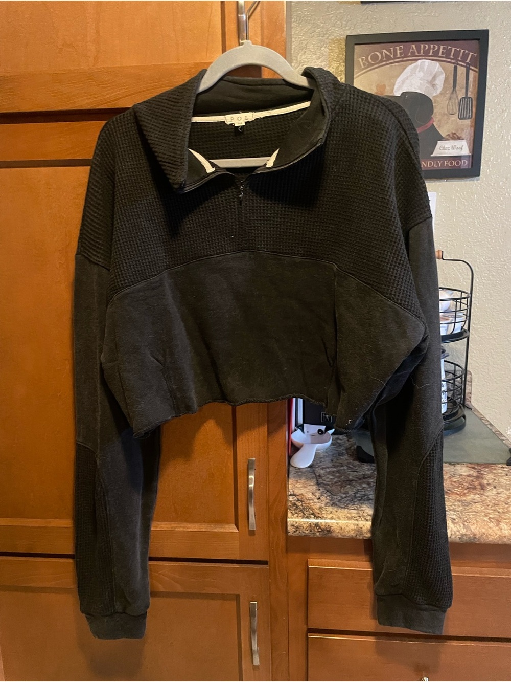 POL Black Cropped Quarter-Zip Pullover